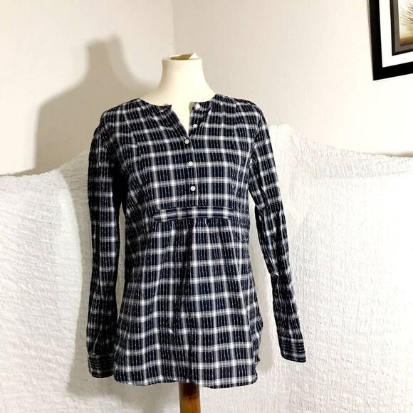 Loft Navy Baby Doll Plaid Pop Over Long Sleeve Top Size M - Picture 1 of 7